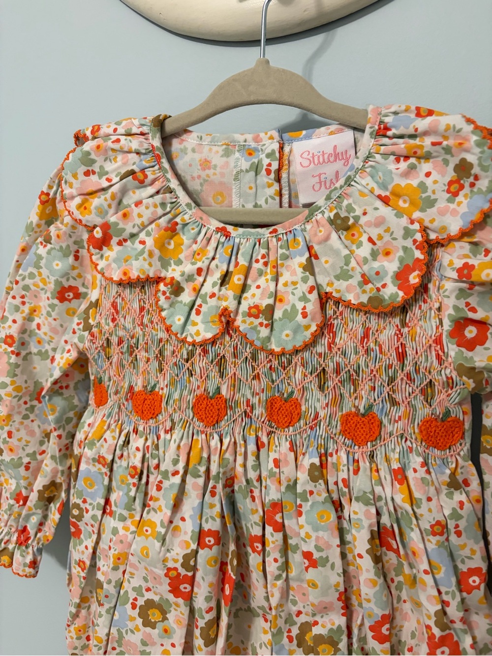 Stitchy Fish Girls' 2T Smocked Fall Bubble with Embroidered Pumpkins